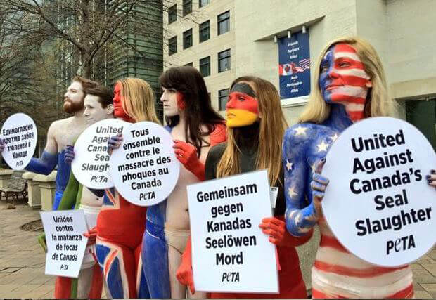 Body-painted activists protest Canada's seal slaughter